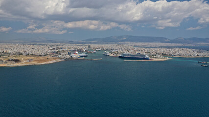 Naklejka na ściany i meble Aerial drone photo of famous port of Piraeus one of the largest in Europe, Attica, Greece
