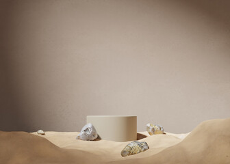 3D background, beige podium display with shadow, sand desert and stone. Cosmetic, beauty product promotion.  Nature rock with pedestal. Summer Minimal studio mockup, abstract 3D render illustration.
 - obrazy, fototapety, plakaty