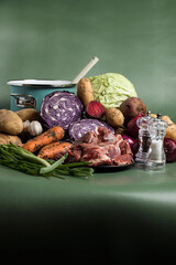 Raw meat and fresh vegetables. Ingredients for soup.