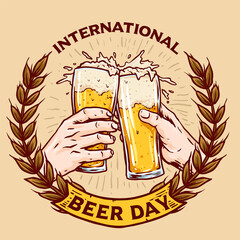 vector of hand toast a glass of beer badge for international beer day celebrate