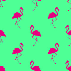 Pink flamingo on blue background seamless pattern. Vector illustration