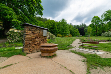 Mineral water springs in the spa park of climatic spa town Lazne Kynzvart (Bad K&ouml;nigswart) in the western part of the Czech Republic - Europe