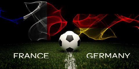 Football tournament. Football with national flags of France and Germany. Soccer ball and text. 3d rendering. Soccer match. Euro cup or world cup.