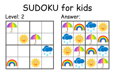 Sudoku. Kids and adult mathematical mosaic. Kids game. Weather theme. Magic square. Logic puzzle game. Digital rebus