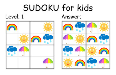 Sudoku. Kids and adult mathematical mosaic. Kids game. Weather theme. Magic square. Logic puzzle game. Digital rebus