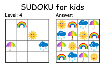 Sudoku. Kids and adult mathematical mosaic. Kids game. Weather theme. Magic square. Logic puzzle game. Digital rebus