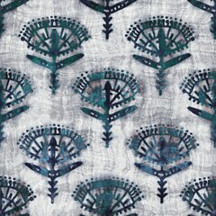 Seamless grungy tribal ethnic rug motif pattern. High quality illustration. Distressed old looking native style design in faded turquoise and gray colors. Old artisan textile seamless pattern.