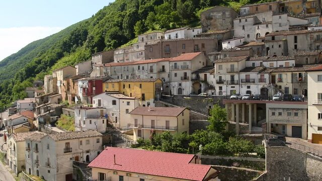 Panoramic view of San Fele, a village in the mountains of the Basilicata region in Italy.
