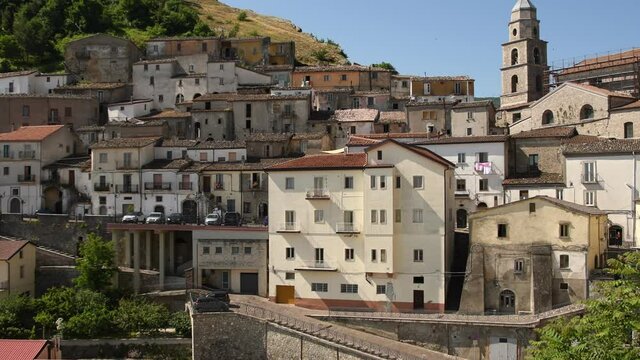 Panoramic view of San Fele, a village in the mountains of the Basilicata region in Italy.