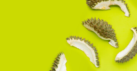 Durian peel on green background.