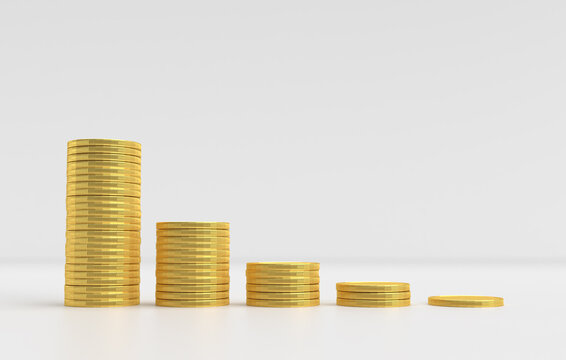 Golden Coins on White Background. Money Growth Down Concept.3d rendering.
