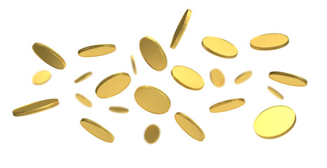 Gold coins falling down. Isolated on white background.