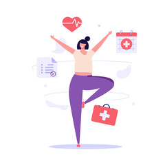 Health Check Up Concept Web Banner. Patient Examining or Checking her Health Online. Concept of Healthcare, Health Insurance, Medical Report. Vector illustration for Web Design