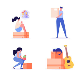 Happy family in new house or apartment. Characters set. Girl sitting on cardboard boxes with home stuff. People moving in new home. We’re moving concept. Vector illustration for Web Design