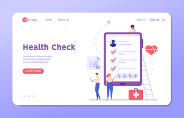 Health Check Up Concept Web Banner. Medical Doctor Examining or Checking Patient. Concept of Healthcare, Health Insurance, Medical Report. Vector illustration for Web Design