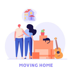 Happy family in new house or apartment. Young couple with cardboard boxes for home stuff. People moving in new home. We’re moving concept. Vector illustration for Web Design