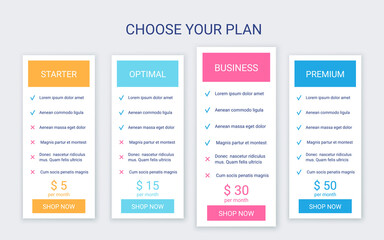 Pricing table template. Price chart grid. Comparison data plans. Vector. Spreadsheet page with 4 columns. Comparative subscription with options. Checklist compare tariff banner. Simple illustration.