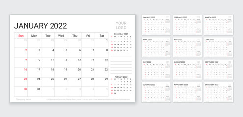 2022 calendar. Planner template. Week starts Sunday. Vector. Yearly calender organizer. Table schedule grid with 12 month. Corporate monthly diary layout. Horizontal simple illustration.