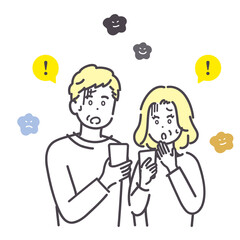 スマートフォンのウイルス感染に驚くシニア男女のイラスト