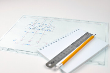 Printed circuit diagram. Engineer's drawing, close-up. Wiring diagram of electrical sensors. Wiring...