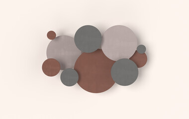 Round disc abstract background. Modern cellular panel with circles, ceramic or concrete decoration elements. 3d wall texture.  Geometric 3d rendering background for interior wallpaper design