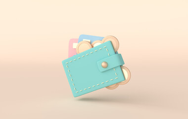 Wallet, coins and credit cards 3d rendering. Online payment and money saving concept. Pastel colors