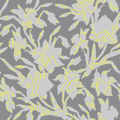 Textured grey silhouettes of Daffodils flowers, buds, stems and leaves on Ultimate Gray background. Floral seamless pattern with narcissus for textile, wallpaper, bedding.