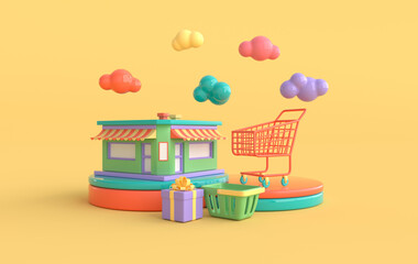 The shop building and shopping cart on podium. Present box, shopping basket andf clouds. 3d rendering illustration