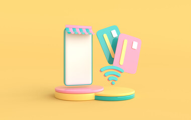 Smartphone, credit card on podium, wifi symbol. Online shopping, payment concept 3d render