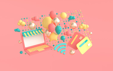 Fototapeta premium Laptop, credit card, balloons, wifi symbol, clouds. Online shopping and delivery concept 3d render