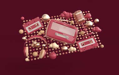 Vintage style headphones, radio receiver, casette, clouds and microphone. Pastel colors and golden details. Retro earphones, radio and mic realistic 3d render.