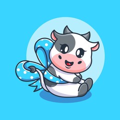 Cute cow with ribbon cartoon