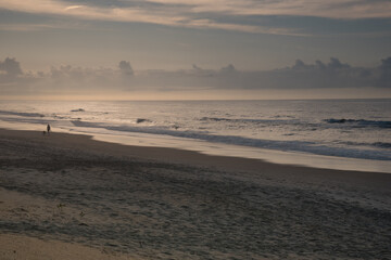 Obraz premium Beautiful early morning almost deserted beach. One person and one dog enjoying the peaceful solitude of the rhythmic waves.