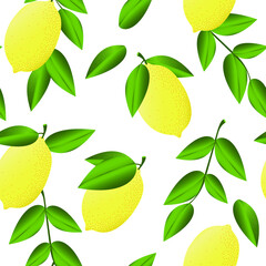 Yellow lemons with leaves on a white background. Seamless pattern with summer exotic organic fruits for fabrics, decorative pillows, interior design, kitchen textiles. Vector.