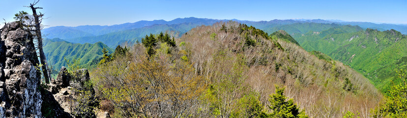 奥秩父　両神山山頂よりパノラマ写真
奥秩父　両神山（剣ヶ峰）より左から唐松尾山、黒槐山、笠取山、富士山、燕山、水晶山、雁坂嶺、破風山、木賊山、甲武信ヶ岳、三宝山、小川山、高天原山、大蛇倉山、八ヶ岳（権現岳、赤岳、横岳、硫黄岳、天狗岳）、御座山、北八ヶ岳（茶臼山、縞枯山、蓼科山）、倉門山、赤岩岳、大ナゲシ