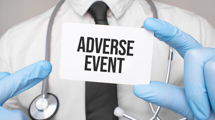 Doctor holding a card with adverse event, Medical concept