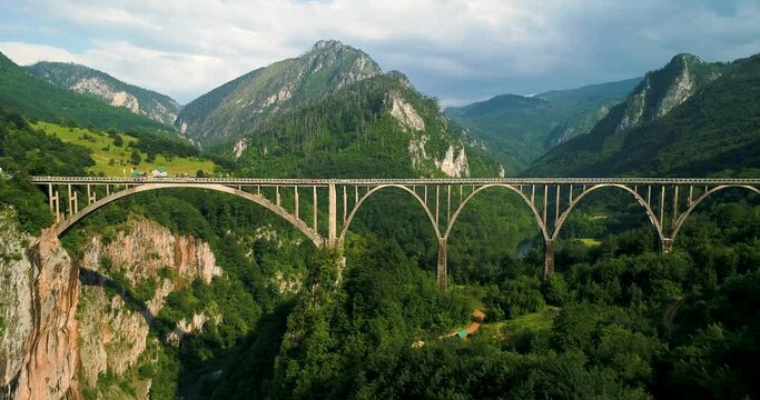 Durdevica Tara Arc Bridge in the Mountains, One of the Highest Automobile Bridges in Europe aerial view