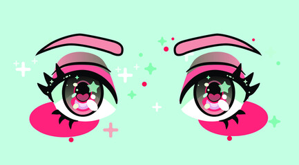 Close-up of anime big cartoon eyes with long eyelashes and sparkles.