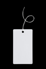 white paper label, price tag for clothing made of thick cardboard, isolate for clipping on a black background