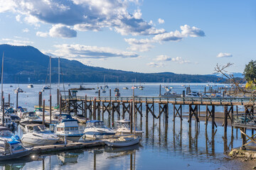 Brentwood Bay, British Columbia features a scenic sea with boats