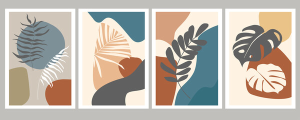 Set of exotic tropical leaves, palm,  plants against a background of simple shapes and lines. Modern minimalistic abstract art poster, postcard, print. Vector graphics. Herbal natural ornament.