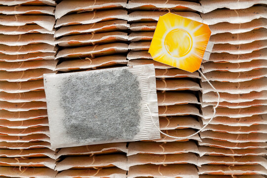 individual disposable tea bag in a box with tea bags for brewing tea in a mug, close-up