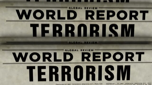 World terrorism and political violence news review report. Newspaper printing press concept. Retro 3d rendering animation.