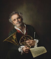 portrait person french horn Homage to a painting by Louis Gabriel Blanchet horn ancient musical...