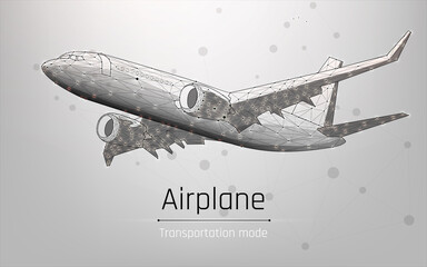 Polygonal commercial airliner. Flying passenger or cargo plane. Travel or air freight concept. wireframe. vector illustration. Low poly air transport model.  white background. plexus, triangle, dot