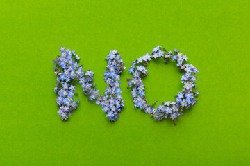 The word NO laid out of blue forget-me-nots flowers on a bright green background.	
