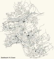 Fototapeta na wymiar Black simple detailed street roads map on vintage beige background of the quarter Stadtbezirk VII (Steele-Kray) district of Essen, Germany