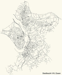 Black simple detailed street roads map on vintage beige background of the quarter Stadtbezirk VIII (Essen-Ruhrhalbinsel) district of Essen, Germany