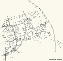 Black simple detailed street roads map on vintage beige background of the quarter Ostviertel Stadtteil of Essen, Germany