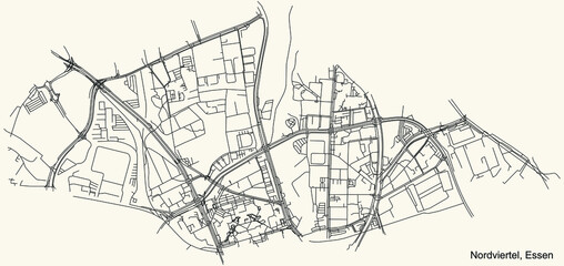 Black simple detailed street roads map on vintage beige background of the quarter Nordviertel Stadtteil of Essen, Germany